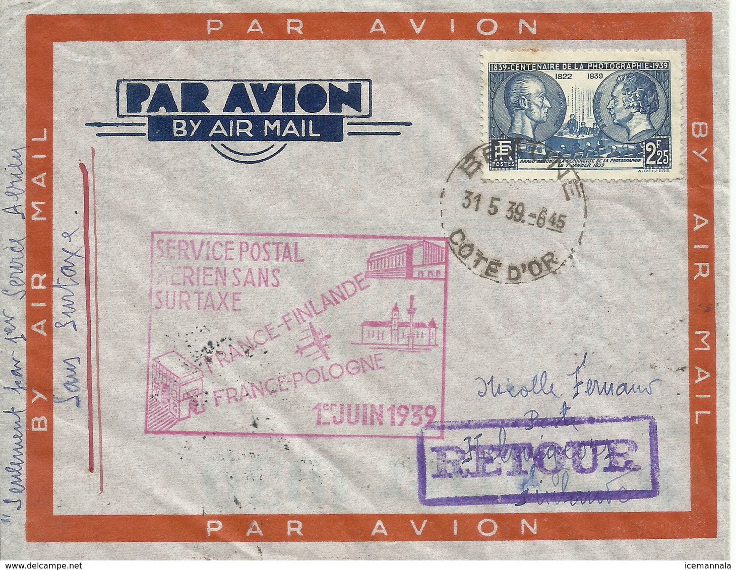 FRANCIA , SOBRE PRIMER VUELO BEAUNE/HELSINKI  IDA Y VUELTA  AÑO 1939 - Covers & Documents