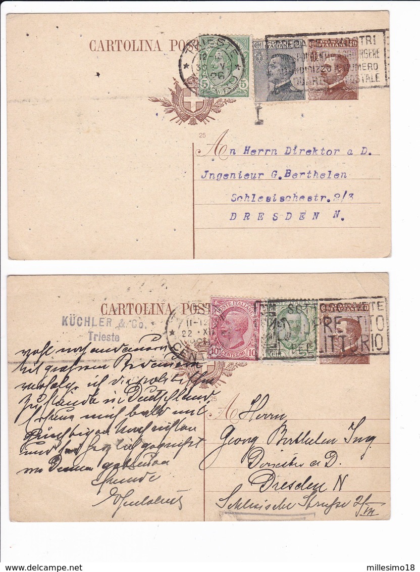 Italia 1926 2 Interi Postali Tricolore Trieste X Dresden Michetti Leoni Floreale - Interi Postali