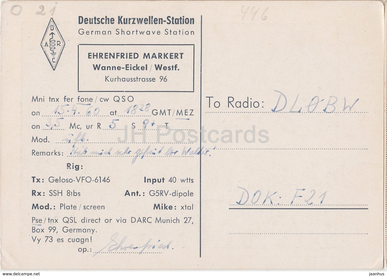 Wanne-Eickel City - Tram - Car Volkswagen - QSL Card - Deutsche Kurzwellen-Station - 1960 - Germany - Used - Radio Amatoriale