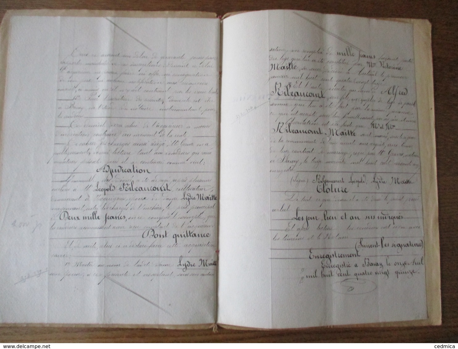 1er AVRIL 1895 ADJUDICATION PAR CHARLES ULYSSE LAMBIN SABOTIER A MECQUIGNIES A M. ET Mme RIBEAUCOURT ALFRED MAISON LIEUD - Manuscripts