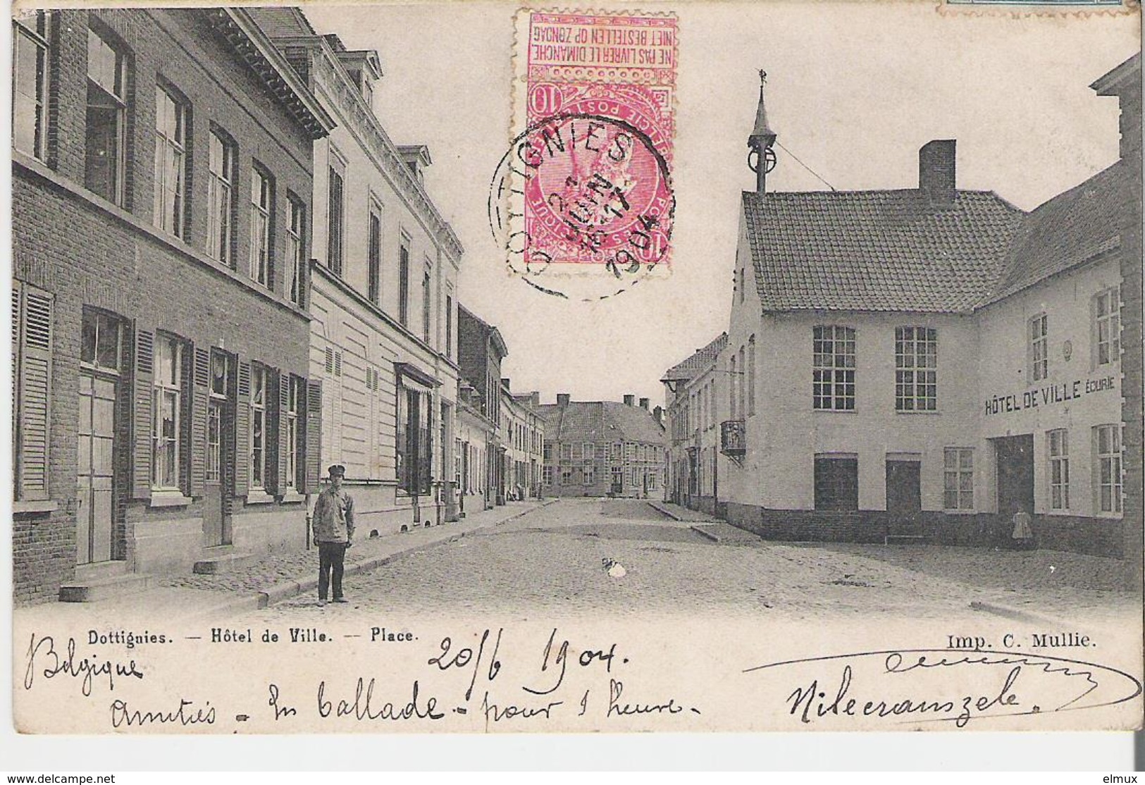 DOTTIGNIES. CPA Voyagée En 1904 Hôtel De Ville - Place (au Dos Timbres Taxe 5 Centimes) - Andere & Zonder Classificatie