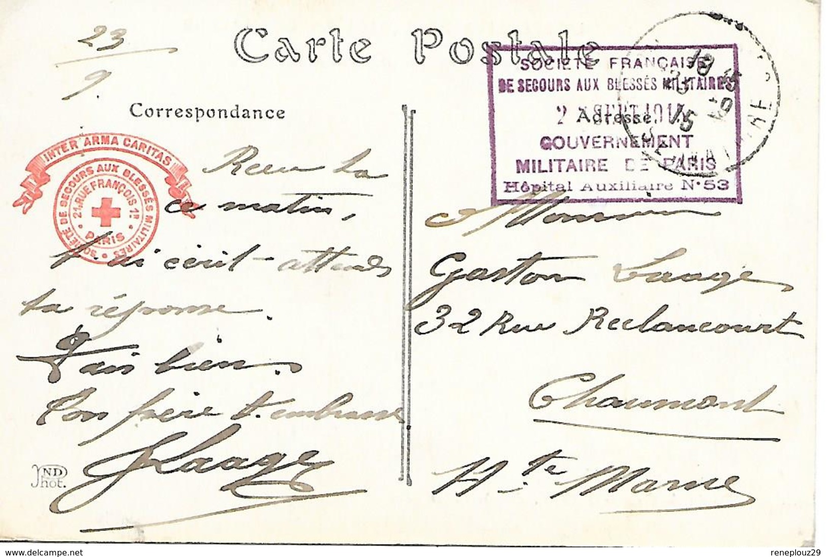 75-cachet Hôpital Aux. N°53 à Paris Sur CP En 1915- Cachet Très Rare - WW I