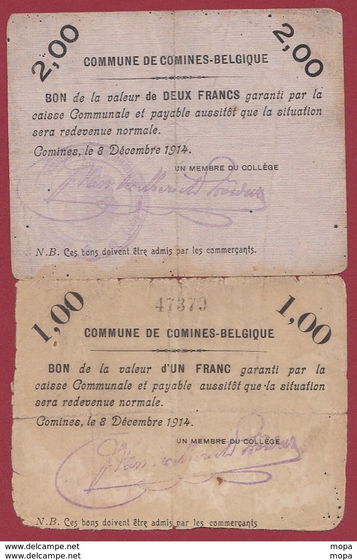 Belgique 2 Bons --1.00 Et 2.00 Francs- Du 08/12/1914 Commune De Comines Dans L 'état - Monedas / De Necesidad