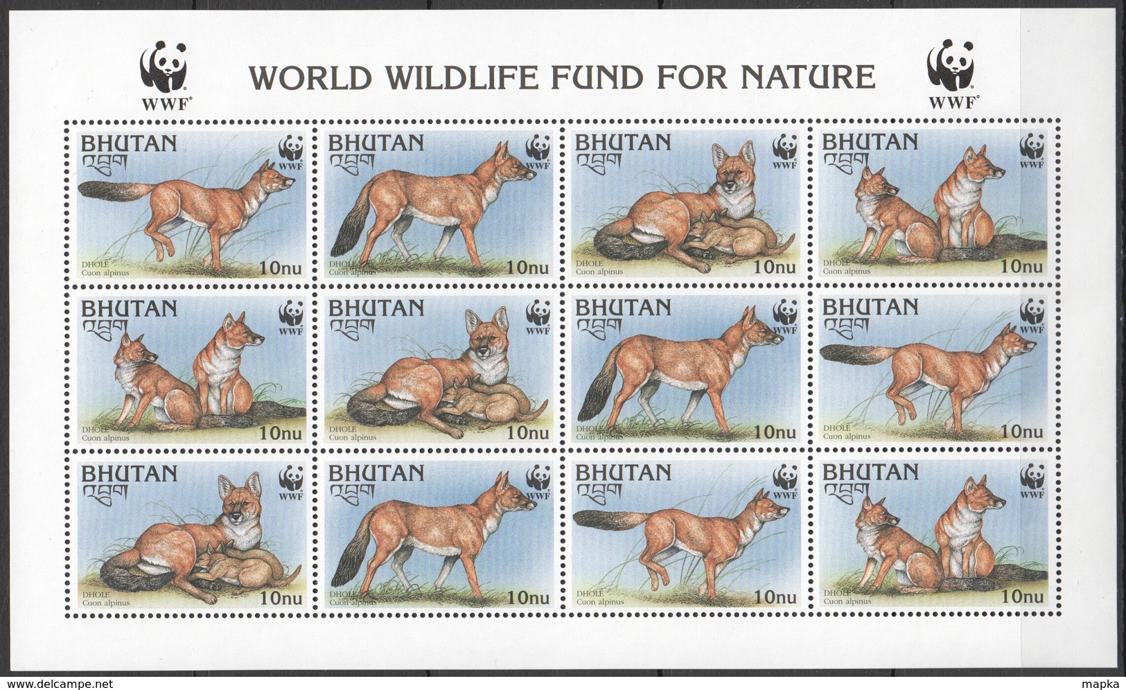 PK174 BHUTAN FAUNA ANIMALS WWF DHOLE 1SH MNH - Autres & Non Classés