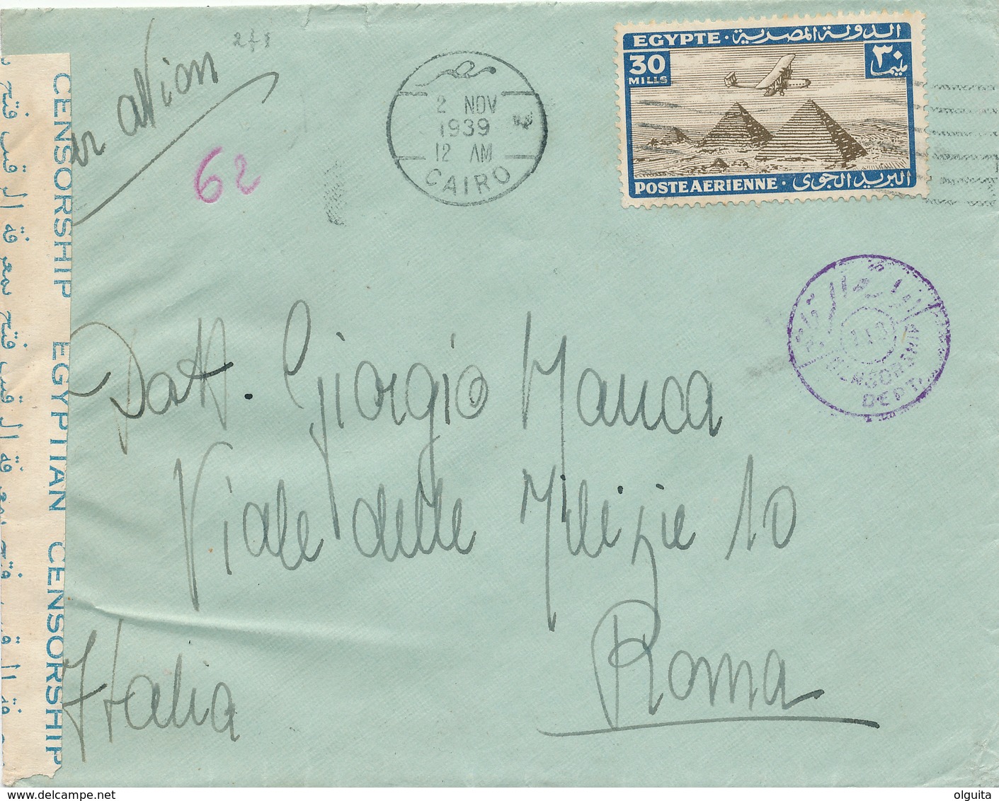 DDW 005 -- EGYPT WWII CENSORSHIP - Air Mail Cover Franked CAIRO 1939 To ROMA - Purple Censor Nr 143 - Lettres & Documents