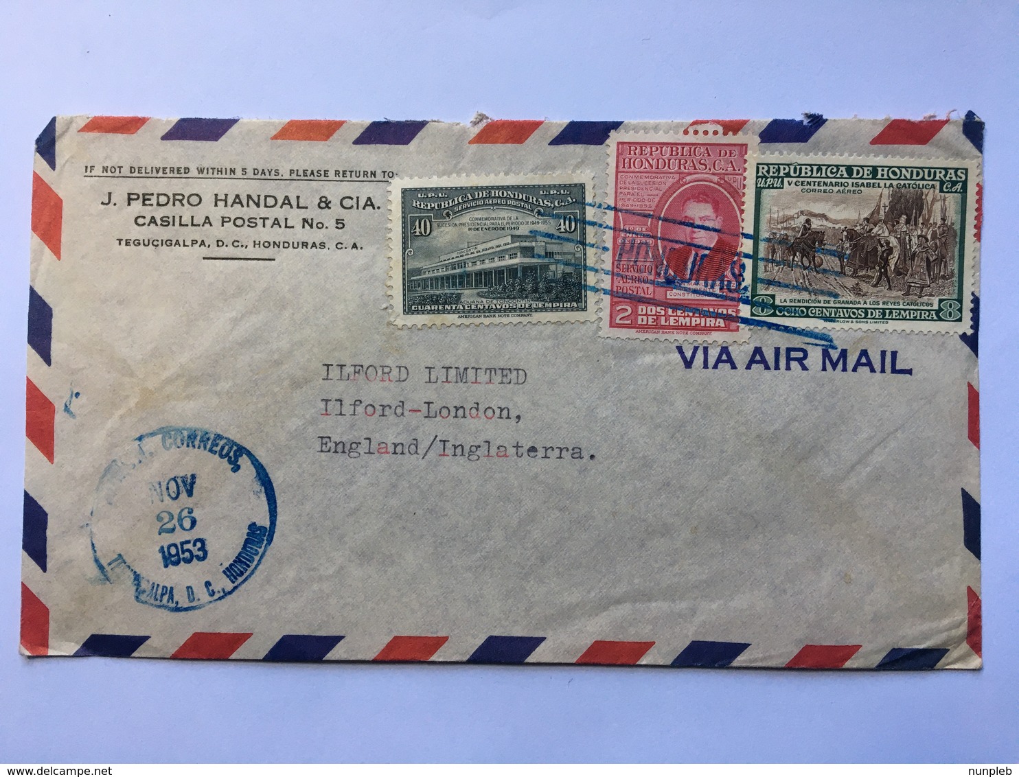 HONDURAS 1953 Air Mail Cover Teguciagalpa To England - Honduras