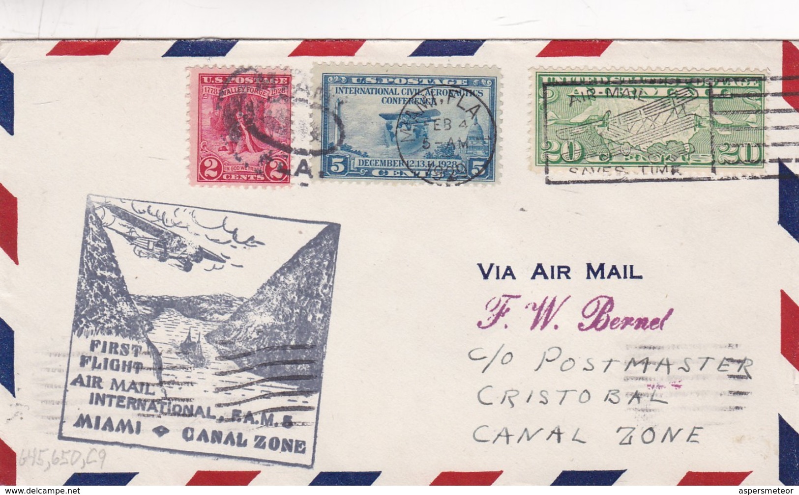 FIRST FLIGHT AIR MAIL INTERNATIONAL F.A.M.S. MIAMI - CANAL ZONE 1929. U.S.A. ENVELOPE CIRCULATED  -LILHU - 1c. 1918-1940 Lettres