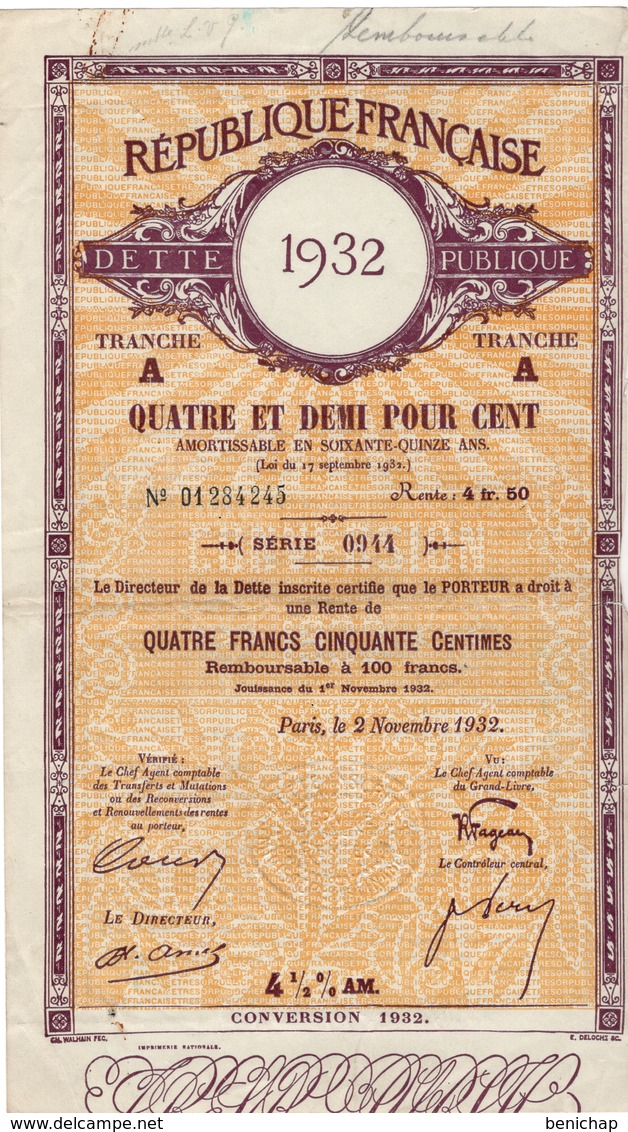 REPUBLIQUE FRANCAISE - DETTE FRANCAISE - TRANCHE A - RENTE 4.50 Frs - PARIS 02 NOVEMBRE 1932 - Banque & Assurance