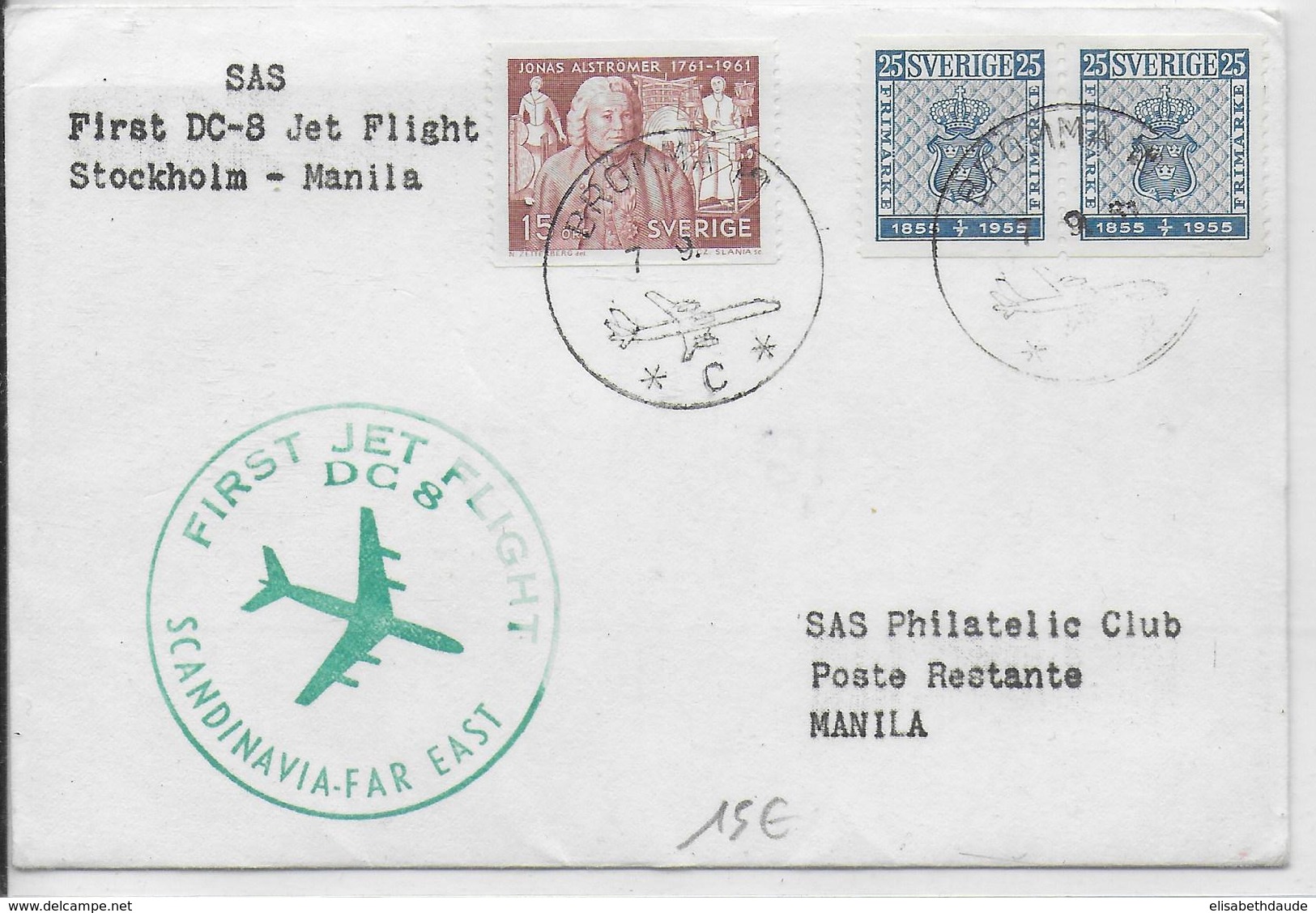 1961 - SUEDE - 1° VOL / FIRST FLIGHT - ENVELOPPE POSTE AERIENNE STOCKHOLM à MANILA (PHILIPPINES) - Cartas & Documentos