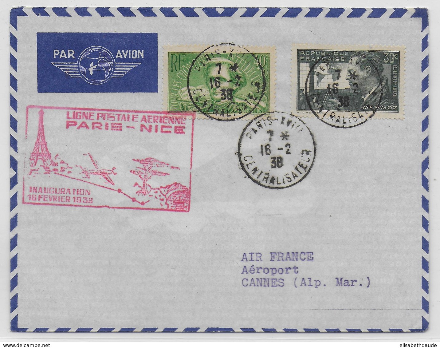 1938 - 1° VOL / FIRST FLIGHT - ENVELOPPE POSTE AERIENNE PARIS à NICE - First Flight Covers