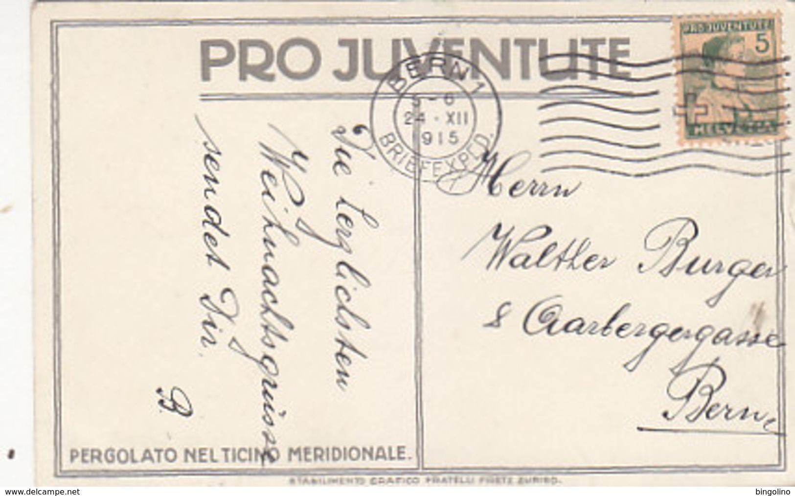Tessiner Pro Juventute-Karte Mit Pro Juventute Frankatur - 24.12.1915       (P-207-90108) - Briefe U. Dokumente