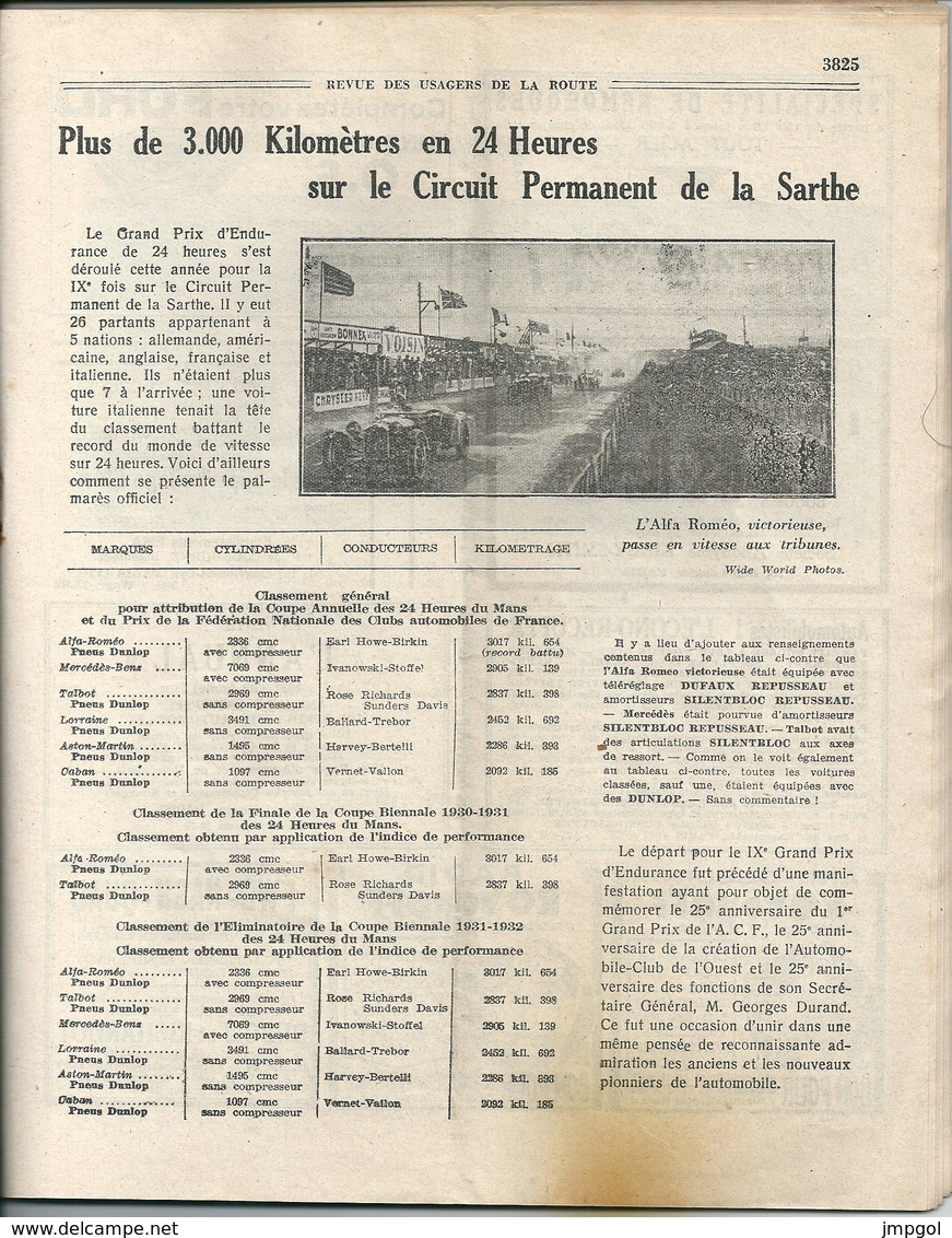 Revue Des Usagers De La Route N°162 Juillet 1931 24 Heures Du Mans , Publicite Bugatti Castrol, D8 Delage Mlle Parisys - Auto