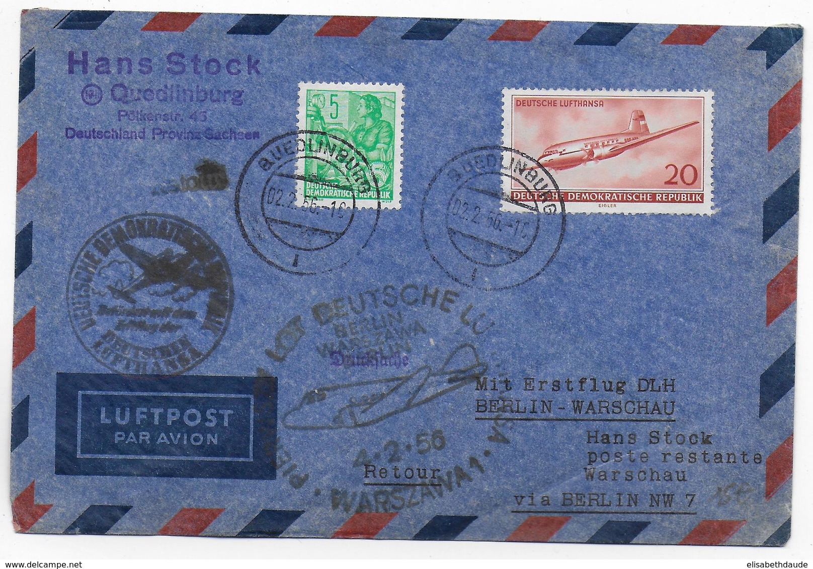 1956 - DDR - 1° VOL / FIRST FLIGHT - ENVELOPPE POSTE AERIENNE DLH BERLIN à VARSOVIE (POLOGNE) - Luftpost