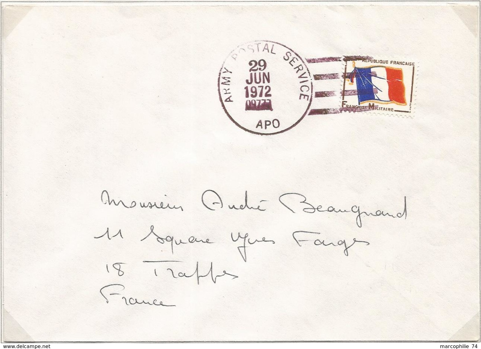 FM DRAPEAU LETTRE CACHET AMERICAIN ARMY POSTAL SERVICE APO 0977 28 JUN 1972 - Francobolli  Di Franchigia Militare