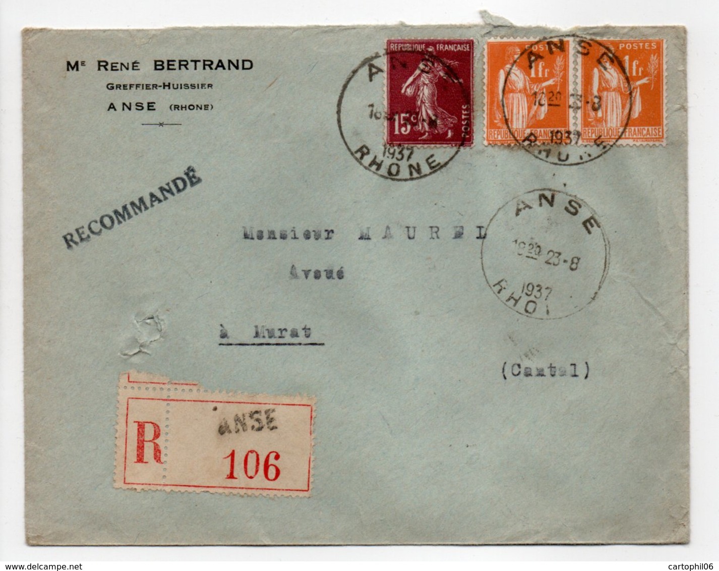 - Lettre Recommandée ANSE (Rhône) Pour MURAT (Cantal) 23.8.1937 - Bel Affranchissement Philatélique - - Covers & Documents