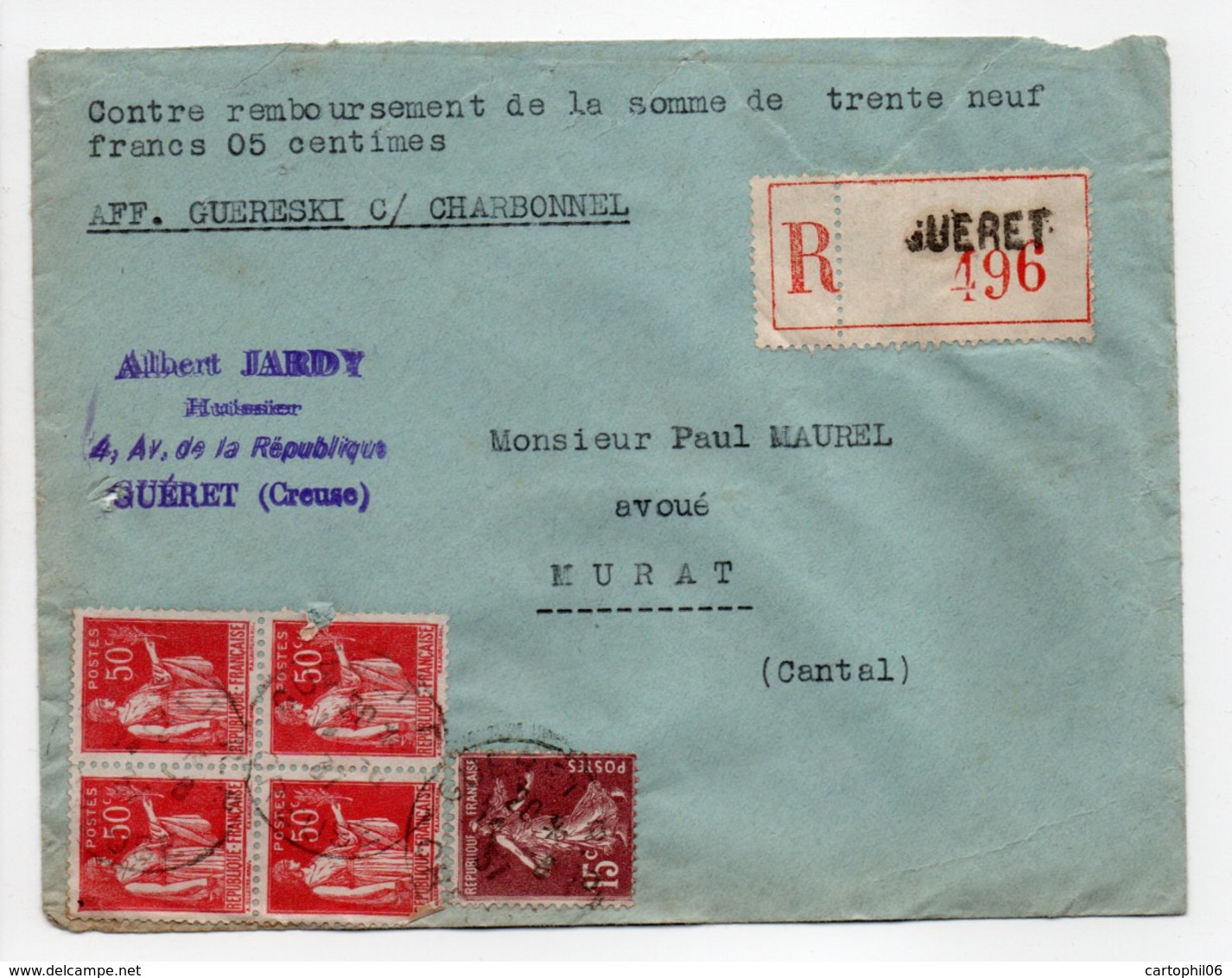 - Lettre Recommandée GUÉRET (Creuse) Pour MURAT (Cantal) 14.8.1937 - Bel Affranchissement Philatélique - - Covers & Documents