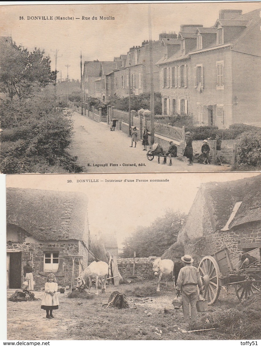 2 CPA:DONVILLE (50) FERME NORMANDE CHEVAUX FERMIER PETITE FILLE,RUE DU MOULIN - Autres & Non Classés