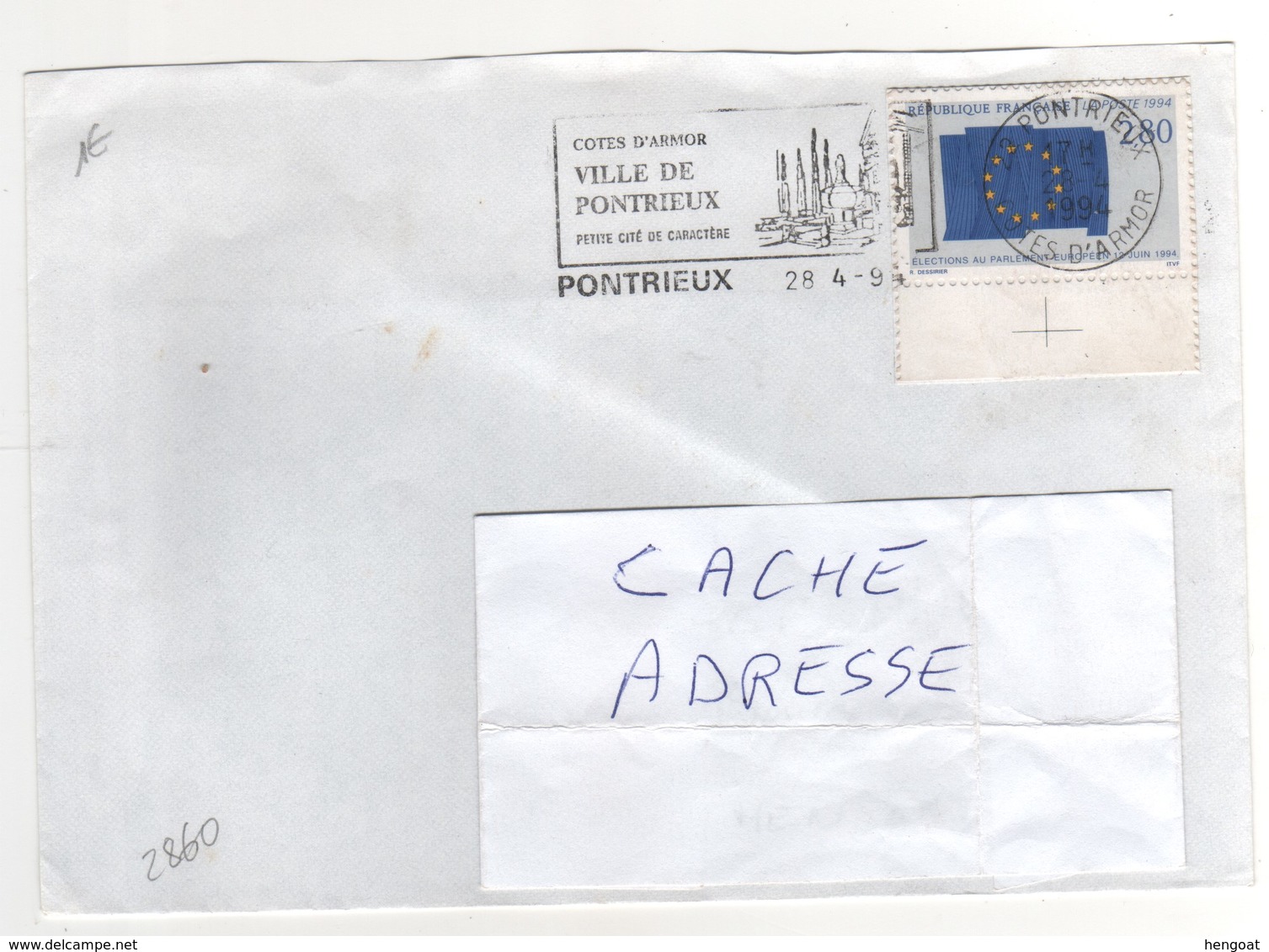 : Beau Timbre , Stamp  Yvert N° 2860 " Europe ", Bord De Feuille Avec Croix , Sur Lettre , Cover , Mail Du 28/04/1994 - Lettres & Documents