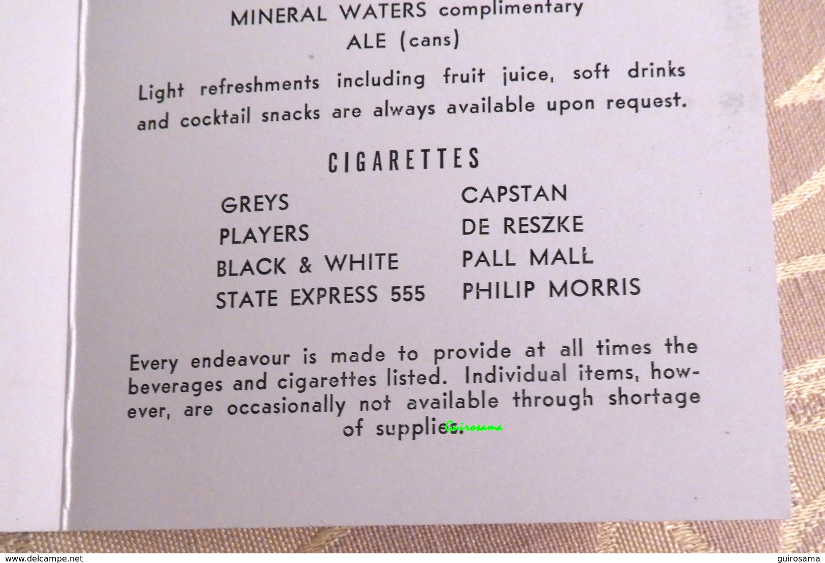 Menu De La New Zealand International Airlines : Teal Buffet : Alcool Et Cigarettes - Années 50 - Menus