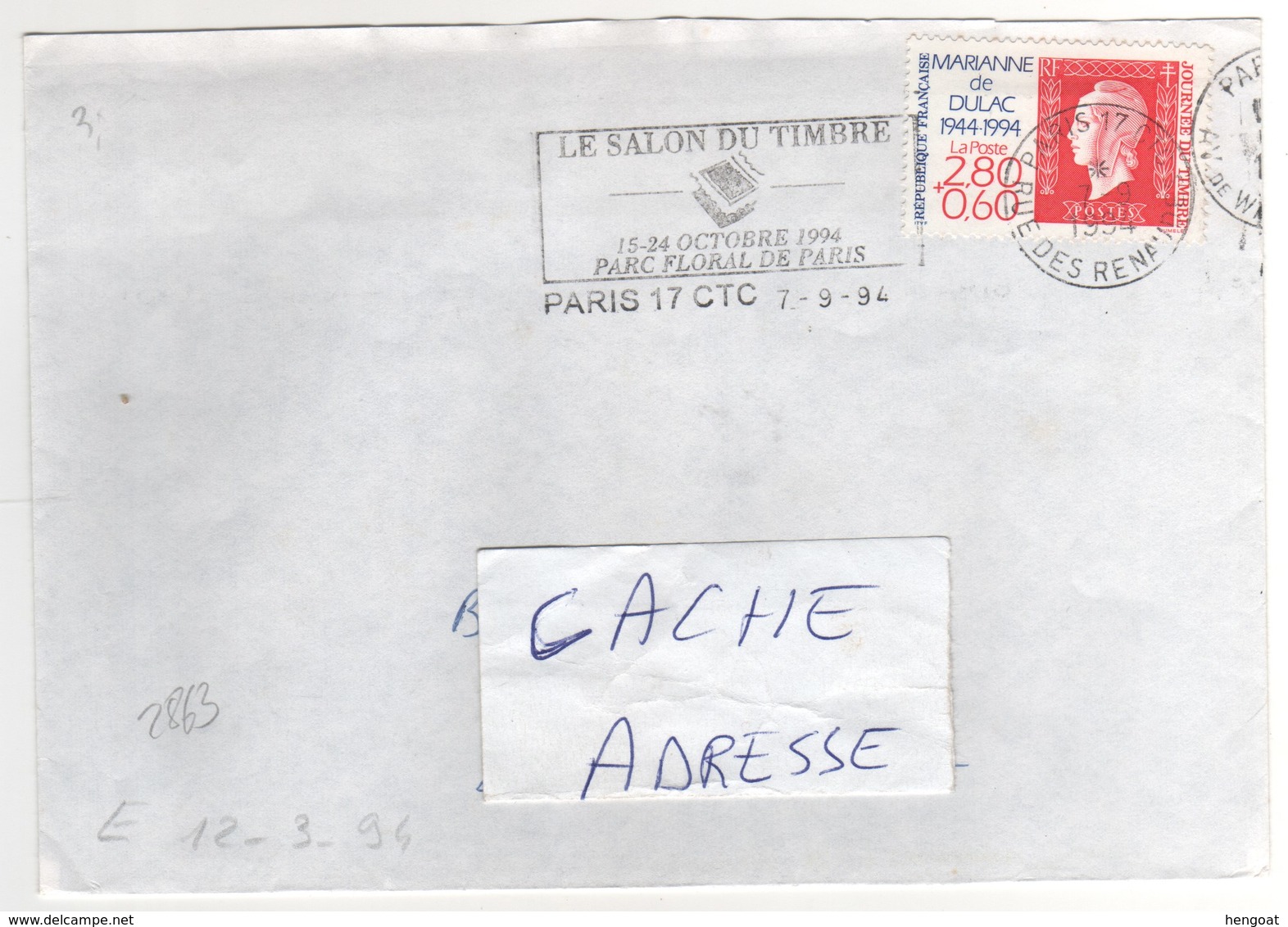 : Beau Timbre , Stamp  Yvert N° 2863 " Marianne De Dulac " , Sur Lettre , Cover , Mail Du 07/09/1994 - Lettres & Documents