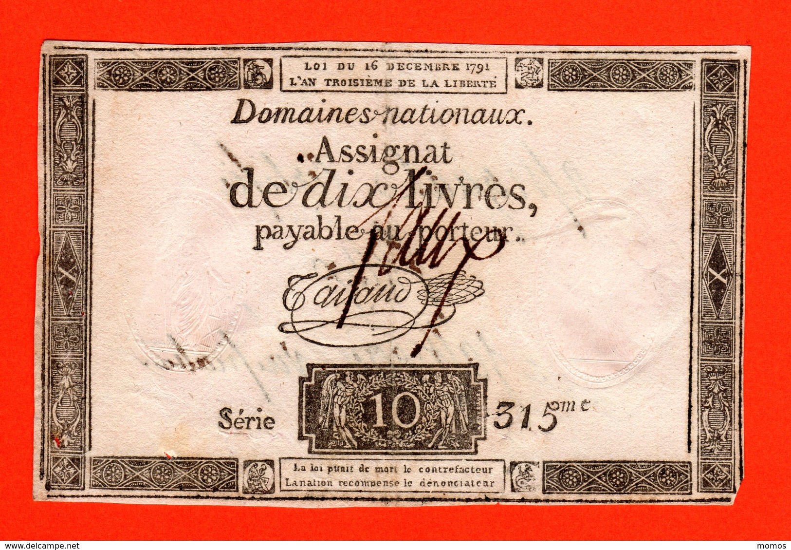 ASSIGNAT 10 LIVRES - 16 DECEMBRE 1791 - FAUX D'EPOQUE - CERTIFIE FAUX PAR JALHEAU - REVOLUTION - Assegnati