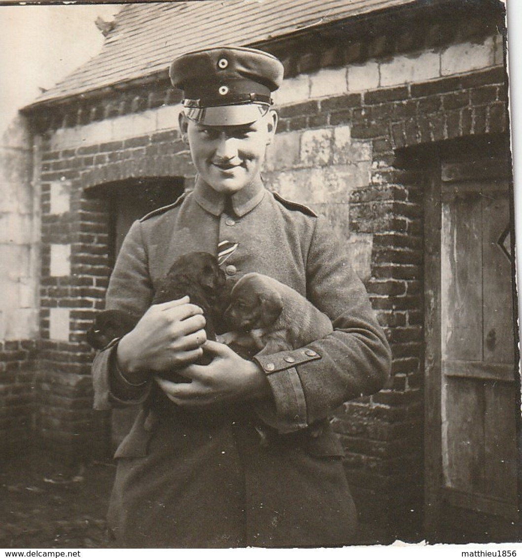 Photo 1917 PARPEVILLE (près Ribemont) - Soldat Allemand Avec Des Chiots (de Pussi) (A218, Ww1, Wk 1) - Autres & Non Classés