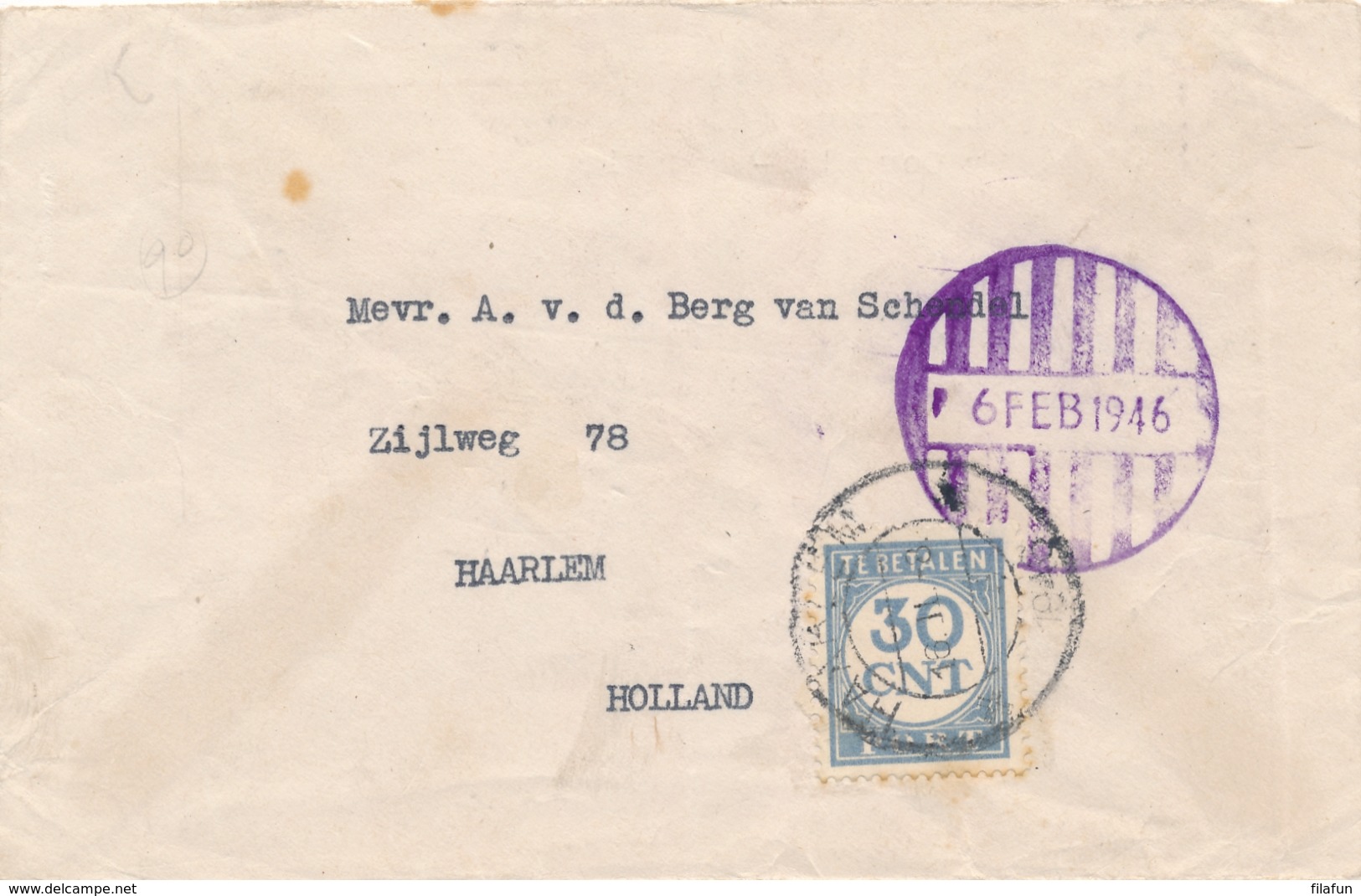 Nederlands Indië - 1946 - Noodstempel Batavia Op Briefje Naar Haarlem - Aldaar Beport Met 30 Cent - Indes Néerlandaises