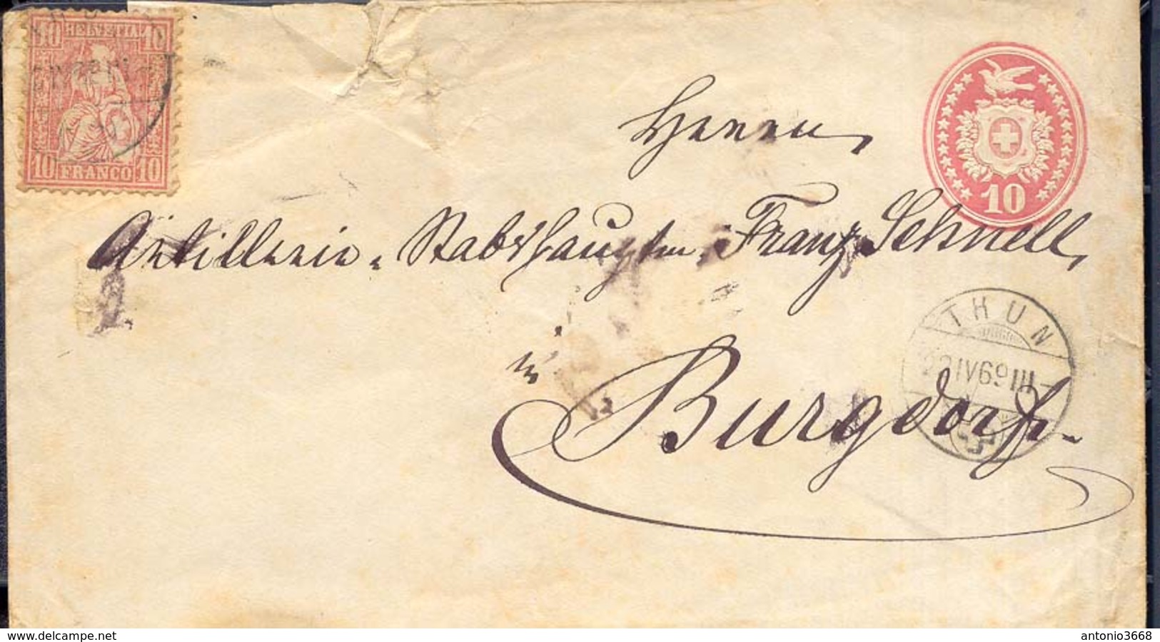 Suiza Año 1867 Yvert  51  Sobre Entero Postal Circulado A Burgdorf  Matasellos Thun 22-4-1869 - Briefe U. Dokumente