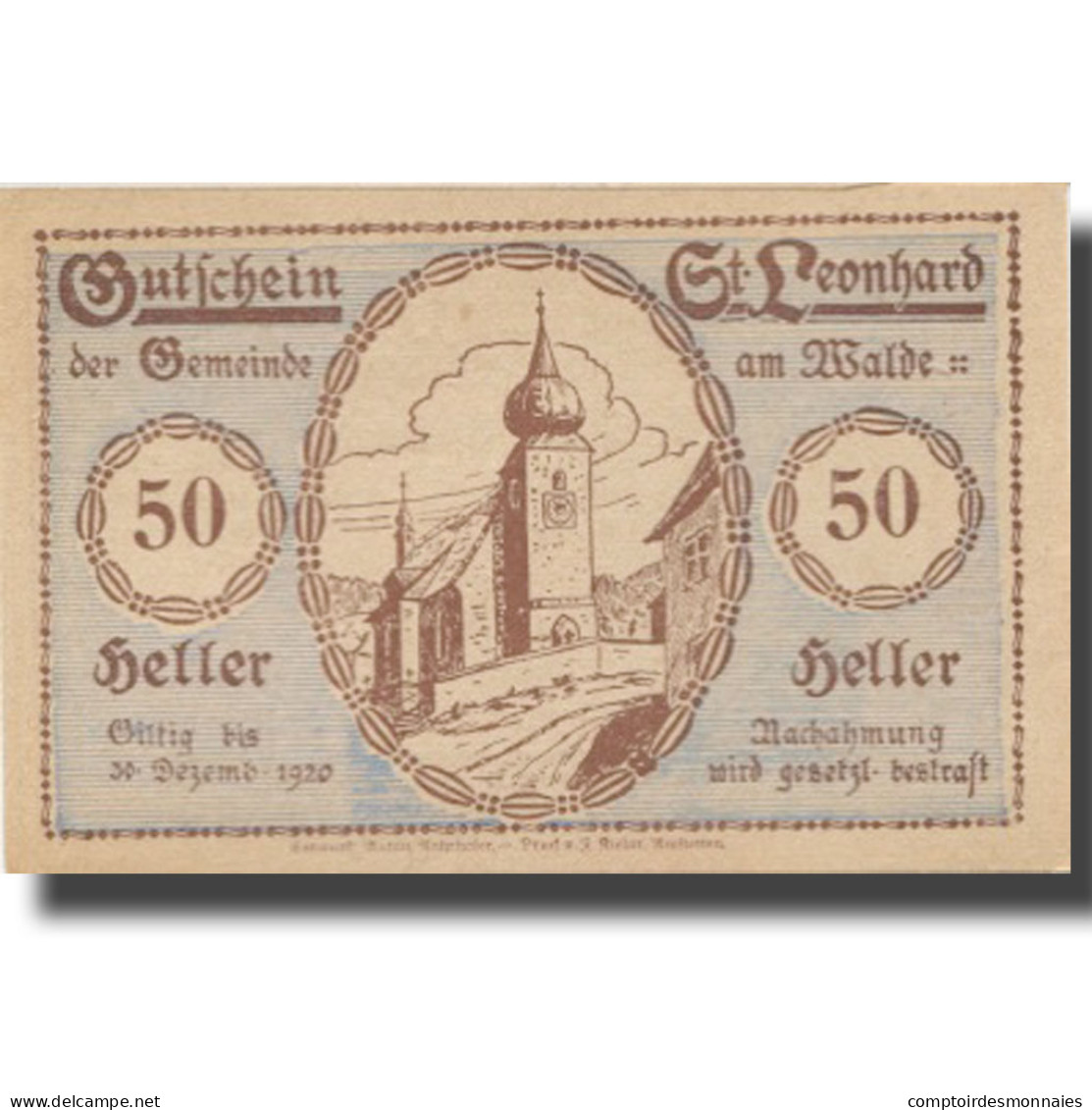 Billet, Autriche, St Leonhard, 50 Heller, Eglise 1920-12-30, SPL Mehl:FS 902b - Oesterreich