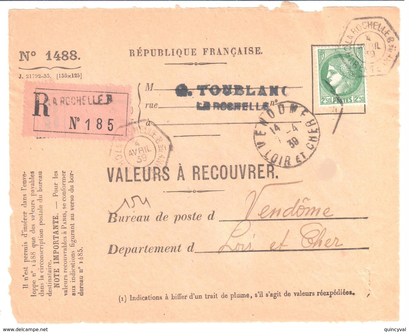 LA ROCHELLE B Charentes Mariti Devant Valeur à Recouvrer Reco N°1488 2,50F Cérés Yv 375 Ob 4 4 1939 HEXA D1d Auxiliaire - Lettres & Documents