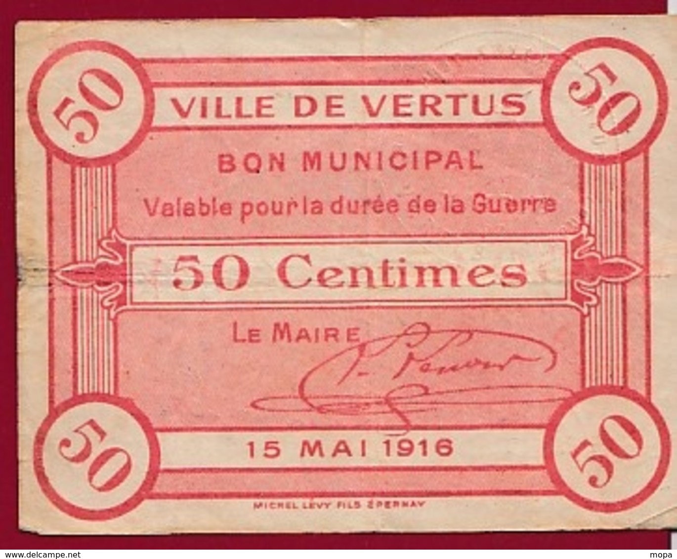 France 1 Bon De 0.50 Cts --Vertus  -  (51) Dans L 'état - Bonds & Basic Needs