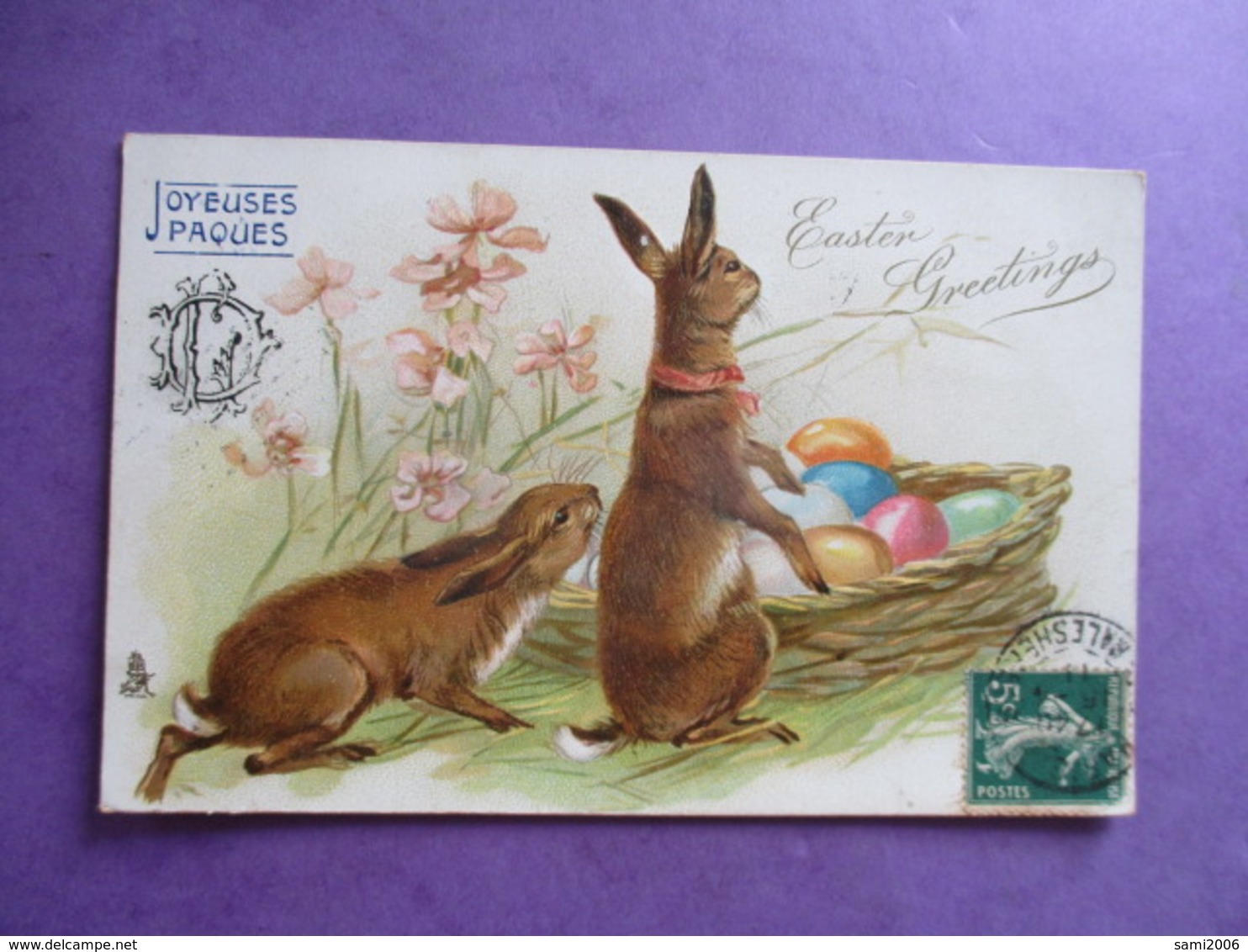 CPA FANTAISIE GAUFFREE JOYEUSES PAQUES EASTER GREETINGS LAPINS PANIER OEUFS RAPHAEL TUCK ILLUSTRATEUR - Easter