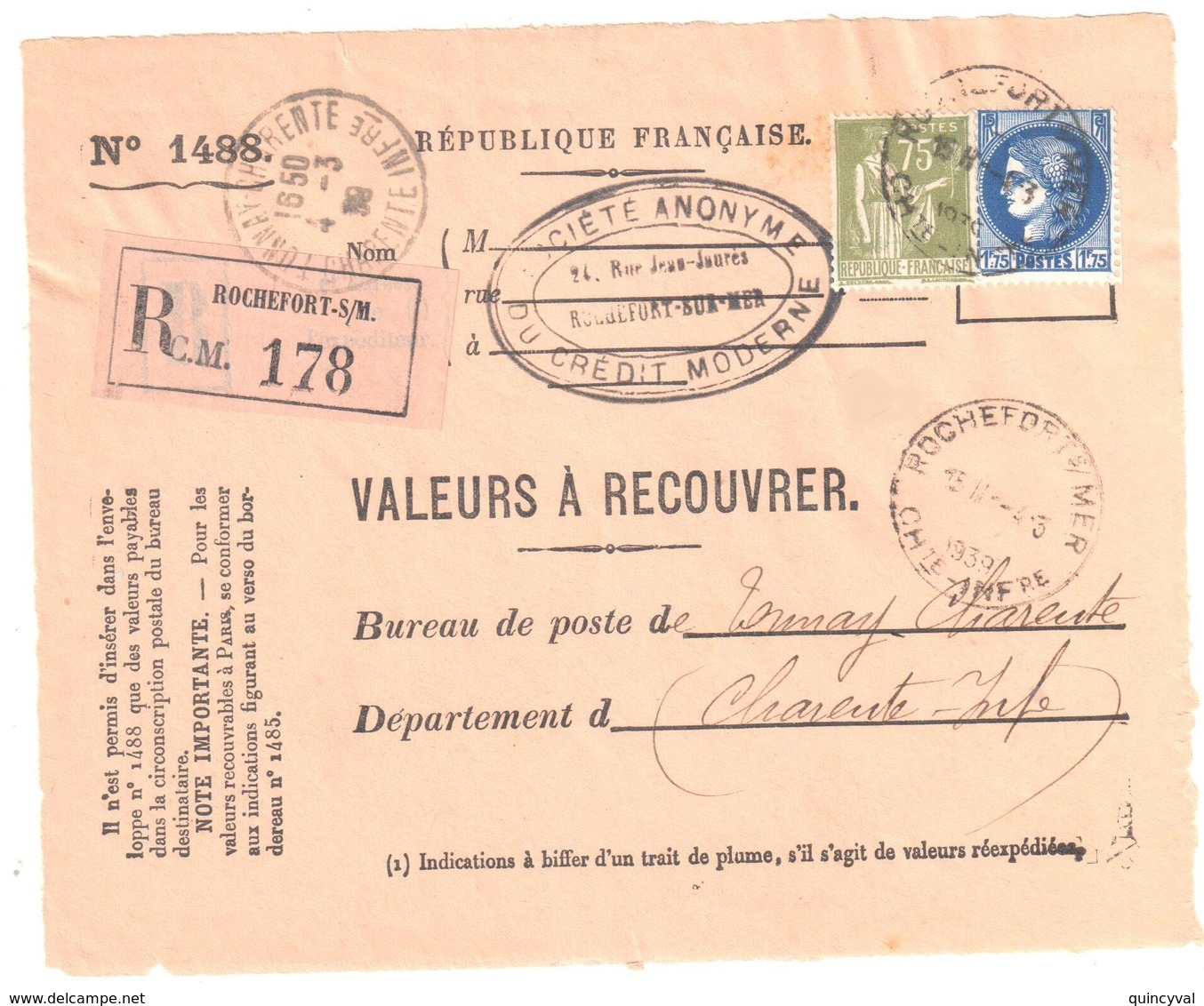 ROCHEFORT Charentes Inf Valeur à Recouvrer 1488 284A Paix 0,75 F Olive  372 Cérés 1,75 F Dest Tonnay Ob Horoplan 1939 - Lettres & Documents