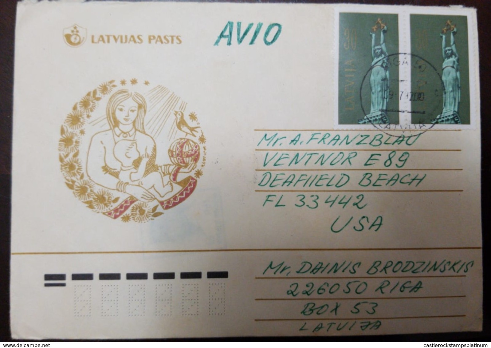 O) 2000  LATVIA, LIBERTY MONUMENT - RIGA SC 315 30k, MOTHER AND CHILD POSTAL CARD TO USA - Latvia