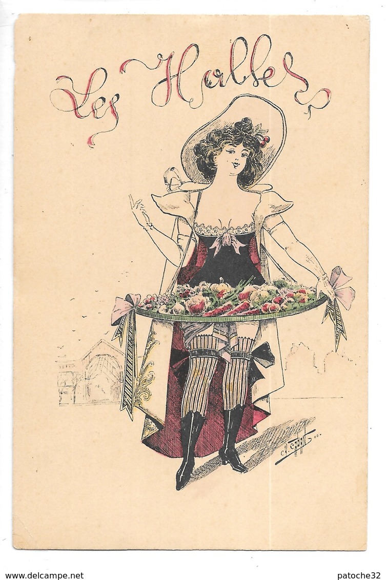 Cpa...illustrateur Cabant...les Halles...jeune Femme Avec Un Plateau De Fruits Et Légumes... - Cabant