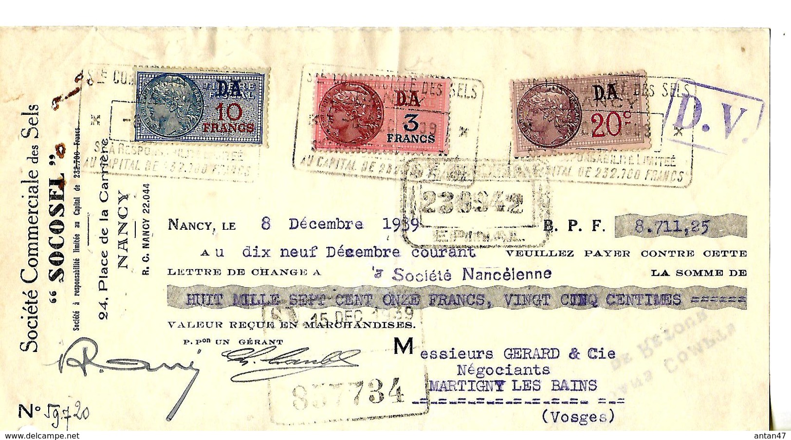 Traite 1939 / 54 NANCY Ste Des Sels "SOCOSEL" / Timbres Fiscaux 10F, 3F & 20c - Autres & Non Classés