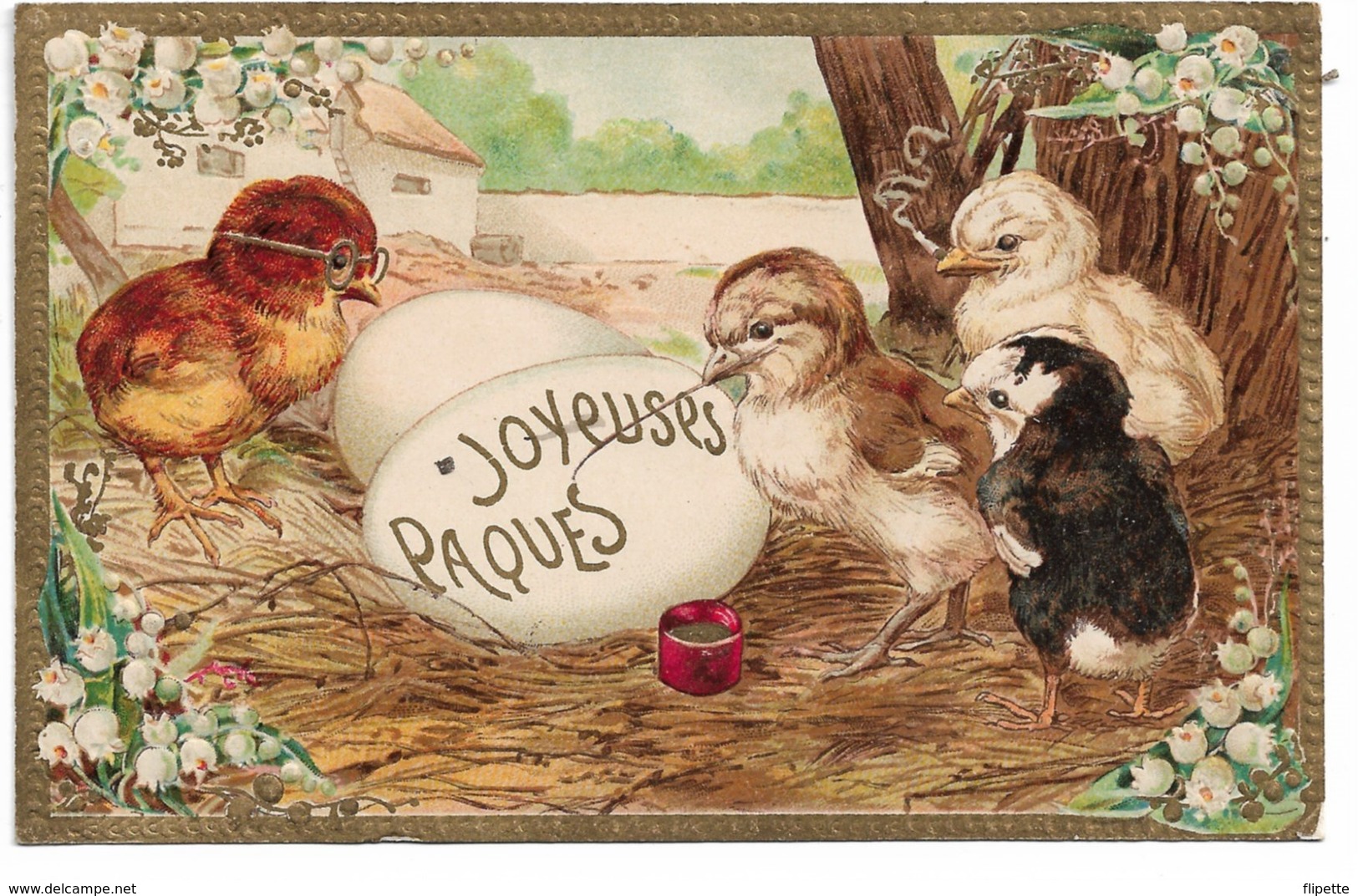 L170A233 - Joyeuses Pâques - Poussins Humanisés, Lunettes, En Train D'écrire Sur Carte Gauffrée  - K.F N°4354 - Pâques