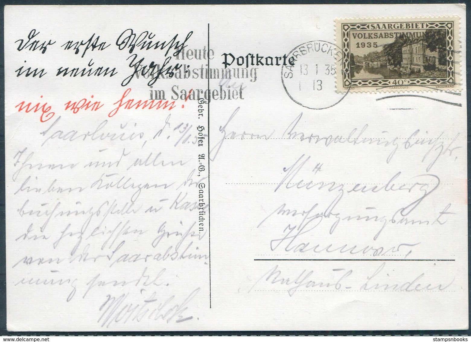 1935 Germany Saar Referendum Postcard. Saarbrucken - Hannover - Covers & Documents