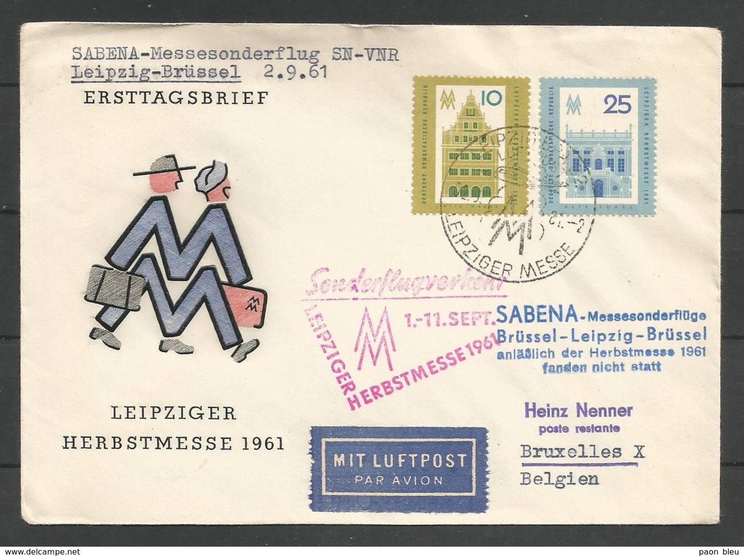 Aérophilatélie - DDR - Lettre 1961 - Luftpost - Sabena - Leipzig-Brüssel - Ersttagsbrief - Alte Waage - Alte Börse - Other & Unclassified