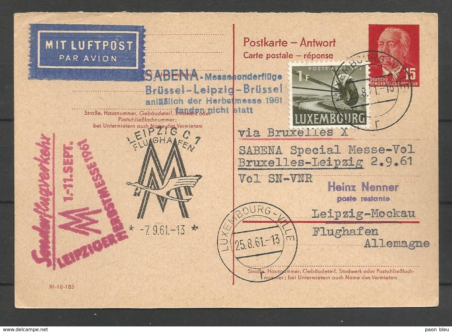 Aérophilatélie - DDR - Carte 1961 - Luftpost - Sabena - Leipzig-Brüssel - Luxembourg - Andere & Zonder Classificatie