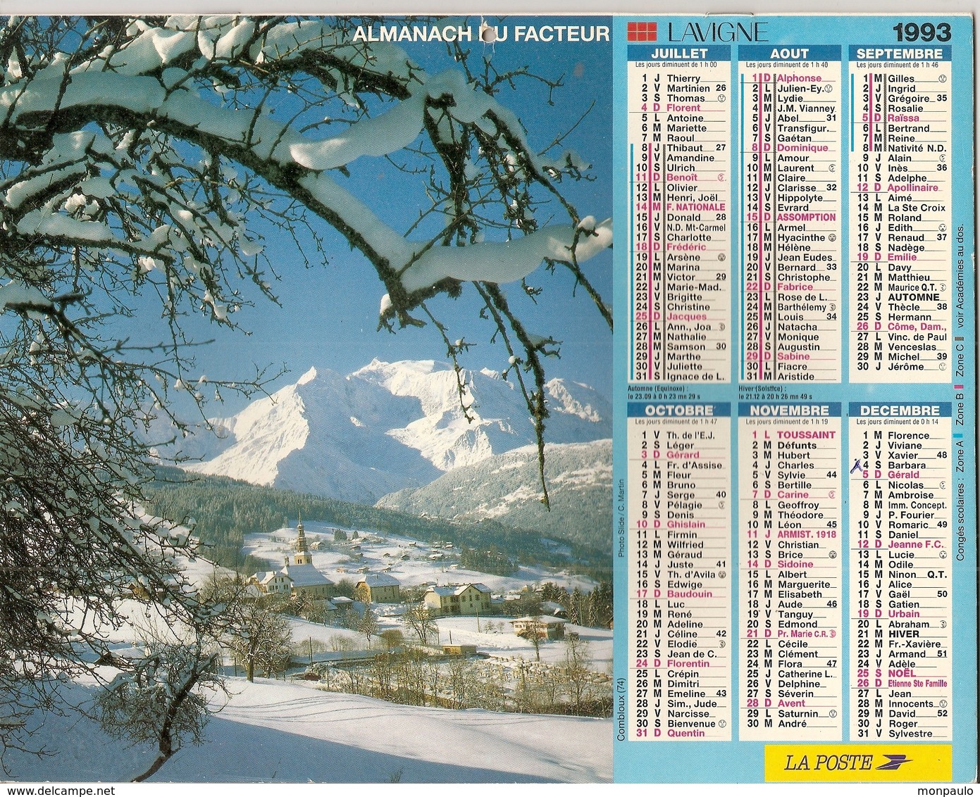 Calendriers. Grand Calendrier P.T.T. 1993. Le Mont-Blanc - Combloux. Plan Villes De Haute-Savoie 74(facteur) - Grand Format : 1991-00