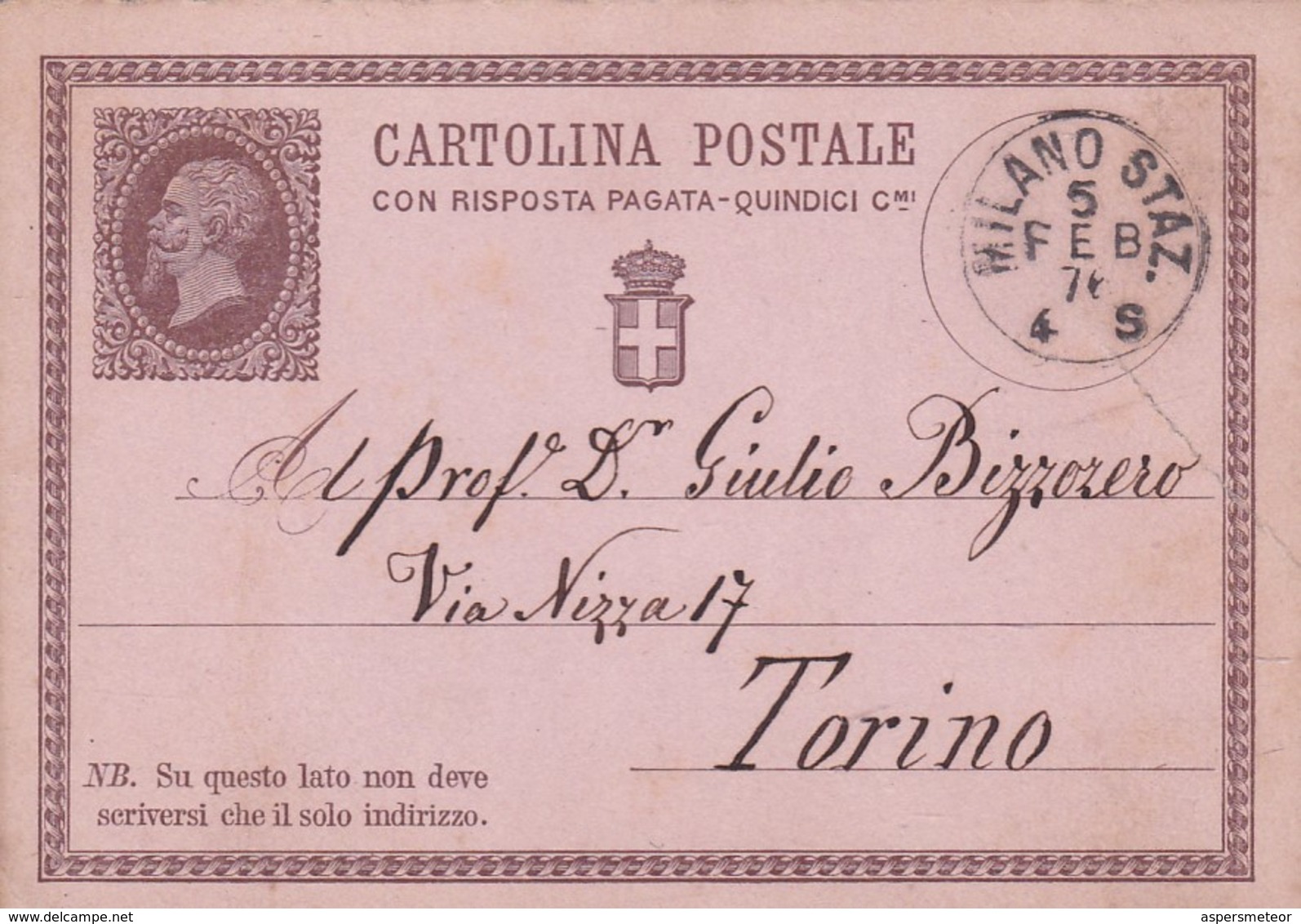 ITALY ENTIRE POSTAL CIRCULATED 1876 MILANO TO TORINO. ENTERO ENTIER -LILHU - Ganzsachen