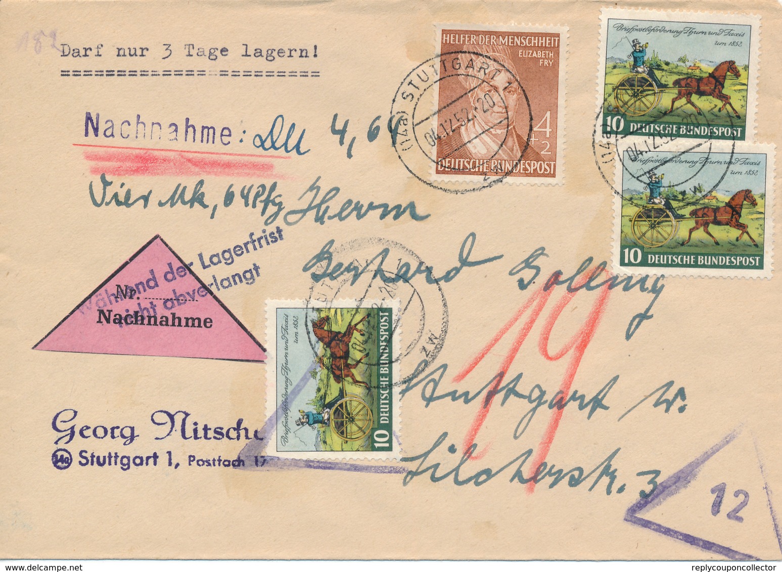 STUTTGART  -  1952 ,   Elizabeth Fry , 100 Jahre Briefmarken Thurn Und Taxis  -  Nachnahme - Briefe U. Dokumente