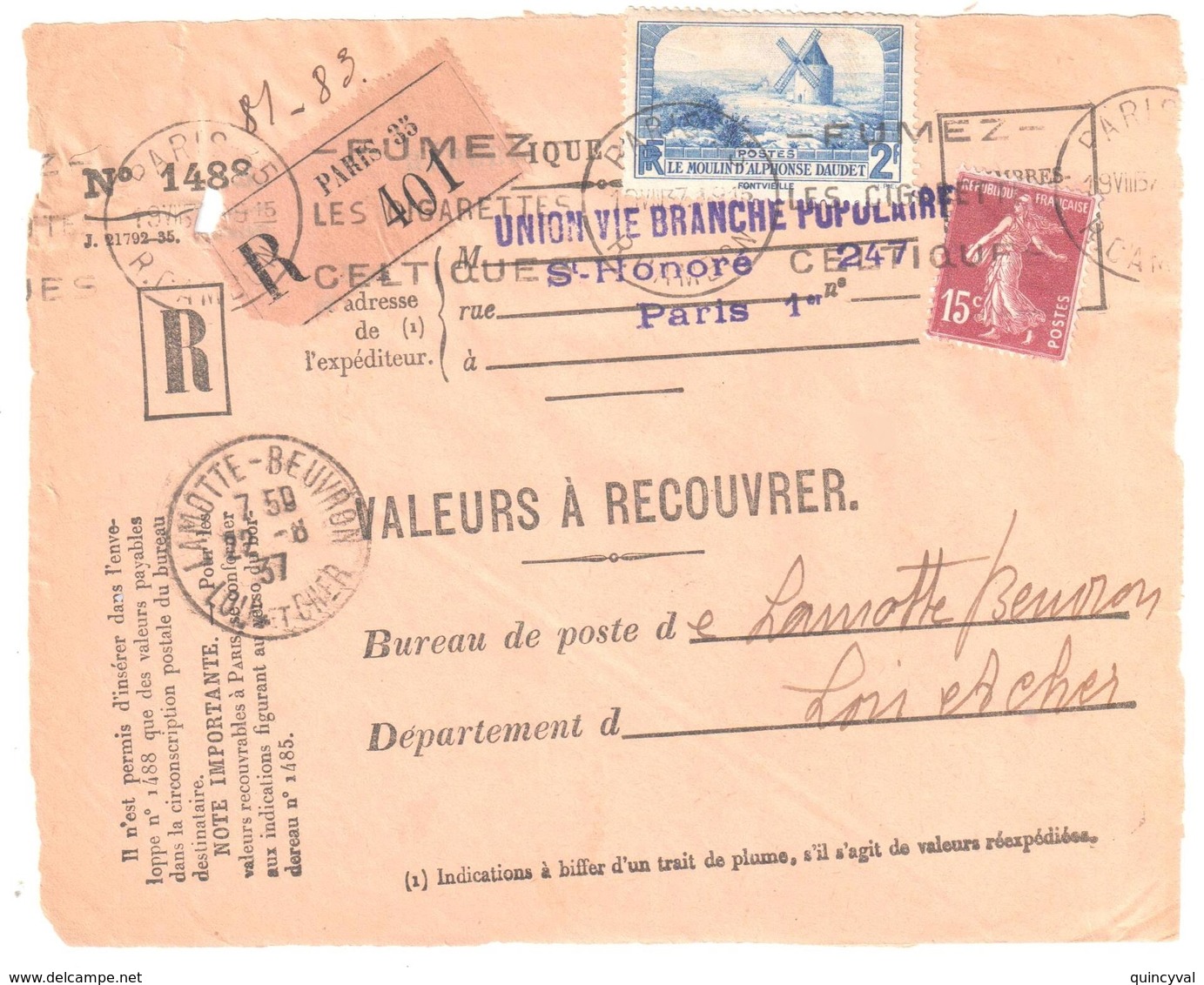 PARIS 35 Valeur à Recouvrer 1488 2F Moulin Daudet 15c Semeuse Yv 189 311 Ob MECANIQUE 1937 Dest Lamotte Beuvron - Covers & Documents