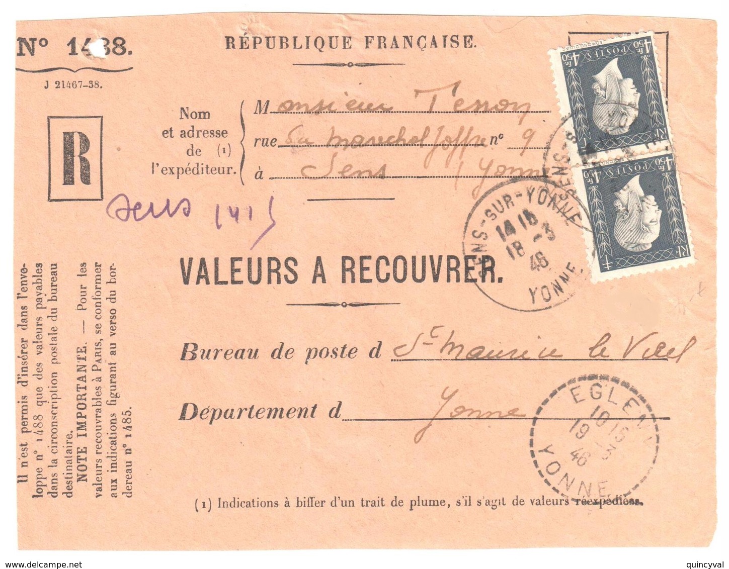 SENS Sur YONNE Valeur à Recouvrer Marianne Dulac 4,50 F Gris Yv 696 Dest Egleny Ob 18 3 1946 Recommandé - Lettres & Documents