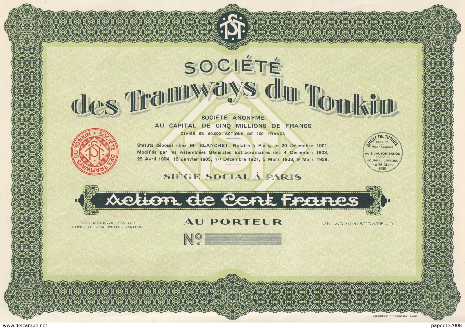 Indochine - Société Des Tramways Du Tonkin - Capital De 5 000 000 F / Action De 100 F - " Blanquette " - Asien