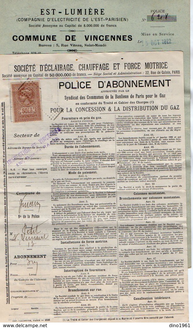 VP16.714 - VINCENNES 1912 - 2 Contrats - Police D'Abonnement à L'Energie Electrique Et Au Gaz - Electricidad & Gas