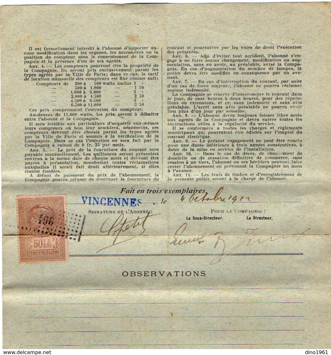 VP16.714 - VINCENNES 1912 - 2 Contrats - Police D'Abonnement à L'Energie Electrique Et Au Gaz - Electricity & Gas