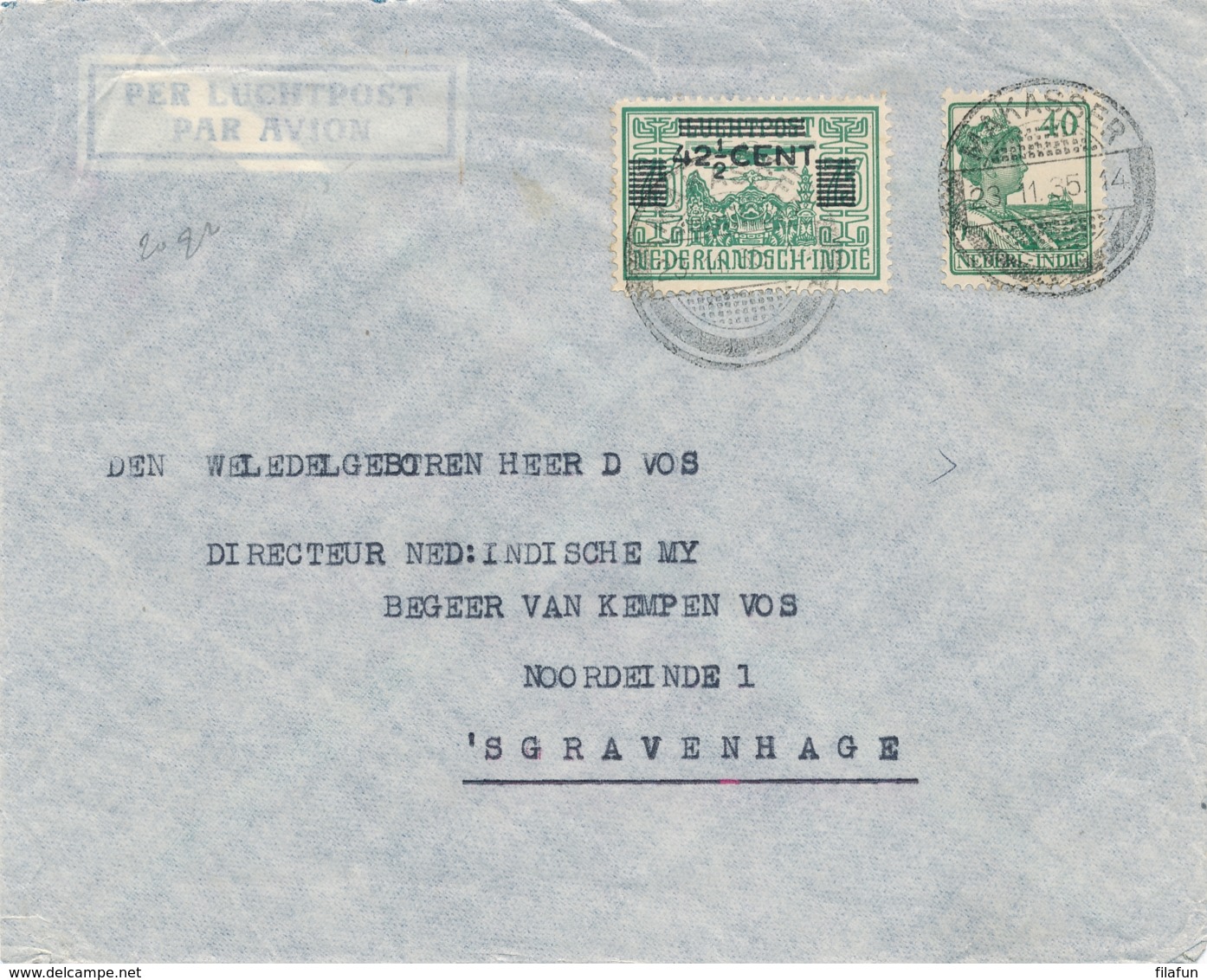 Nederlands Indië - 1935 - 40 Cent Wilhelmina + 42,5 Cent Opdrukzegel Op LP-cover Van PV1 Makasser Naar Den Haag - Indie Olandesi