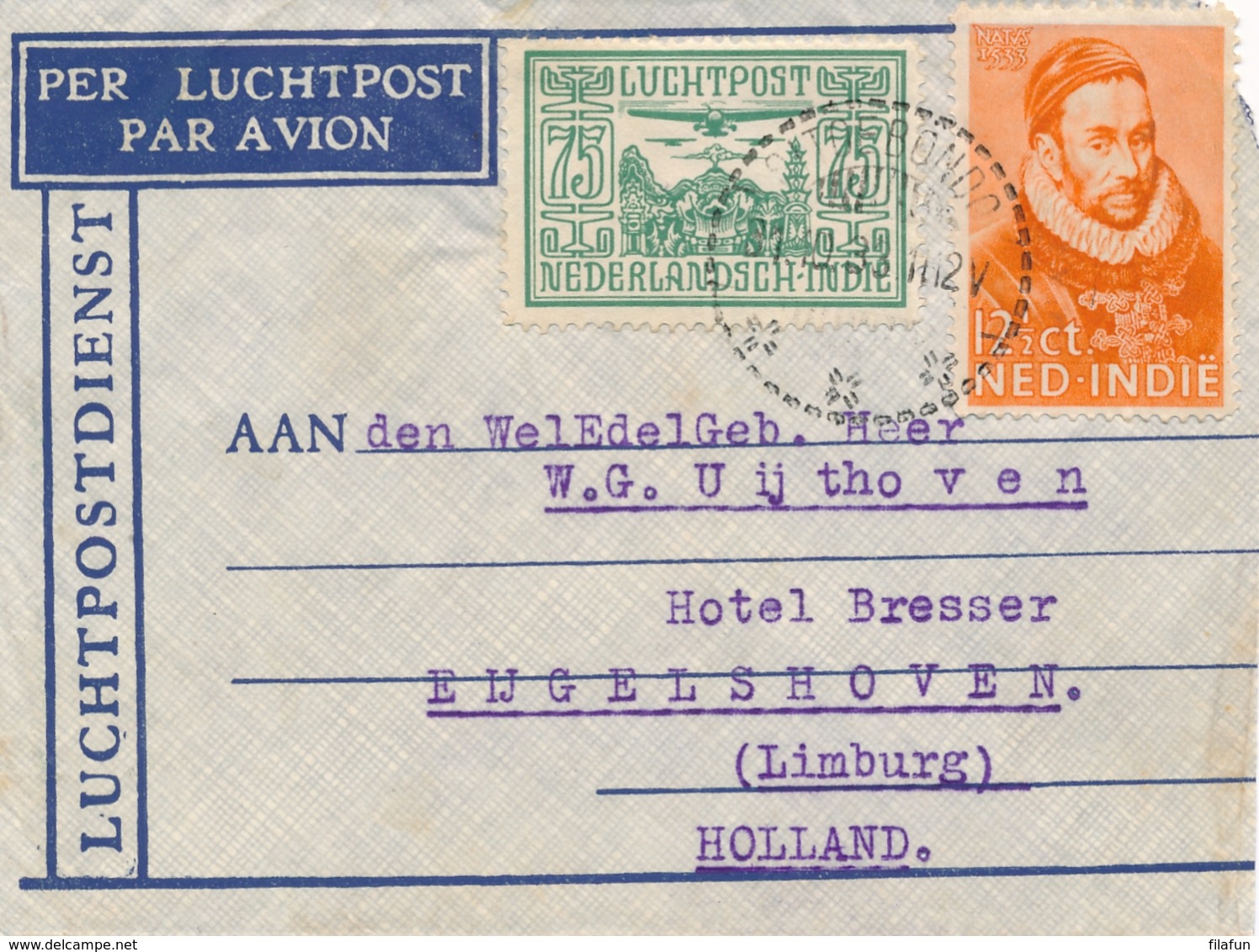 Nederlands Indië - 1933 - 12,5 Cent Willem I + 75 Cent Luchtpost Op Klein LP-briefje Van Sitoebondo Naar Eijgelshoven - Indes Néerlandaises